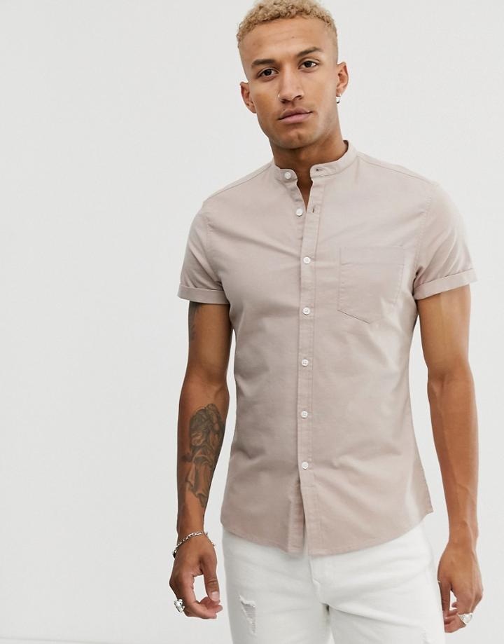 Asos Design Slim Fit Casual Oxford Shirt In Light Brown With Grandad Collar - Brown