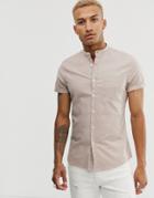 Asos Design Slim Fit Casual Oxford Shirt In Light Brown With Grandad Collar - Brown