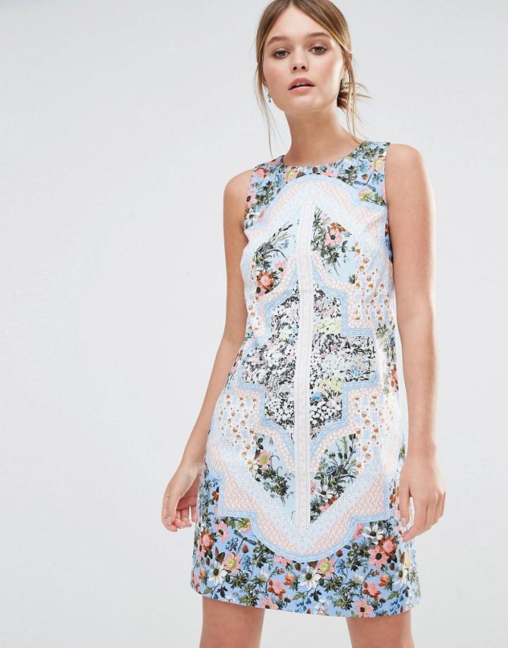 Oasis Patchwork Floral Shift Dress - Multi Blue