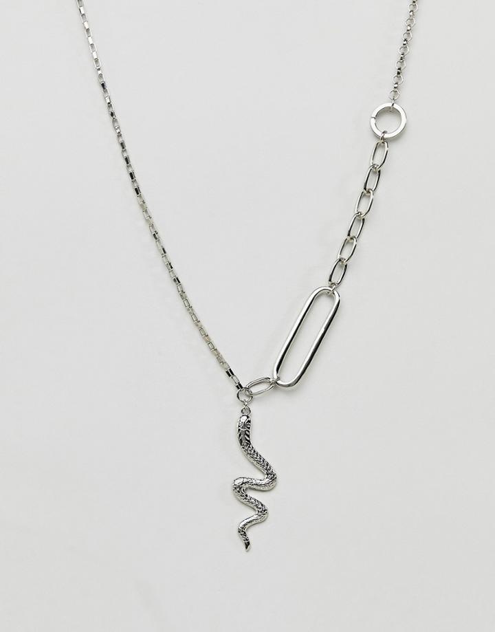 Asos Design Necklace In Mixed Chain With Snake Pendant In Silver - Silver
