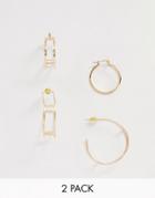 Asos Design Pack Of 2 Hoop Earrings In Fine Cut Out Design In Gold Tone - Gold