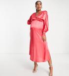 Hope & Ivy Maternity Milly Satin Batwing Midi Dress In Coral-pink