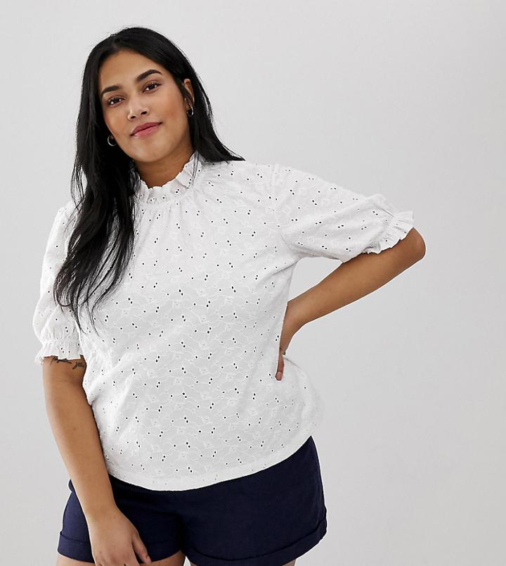 Asos Design Curve Swing Top In Broderie With Pie Crust Ruffle Neck - White