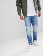 Boohooman Slim Jeans With Rip And Repair In Mid Wash - Blue