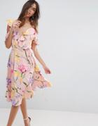 Asos Floral Cold Shoulder Cami Ruffle Printed Midi Dress - Multi