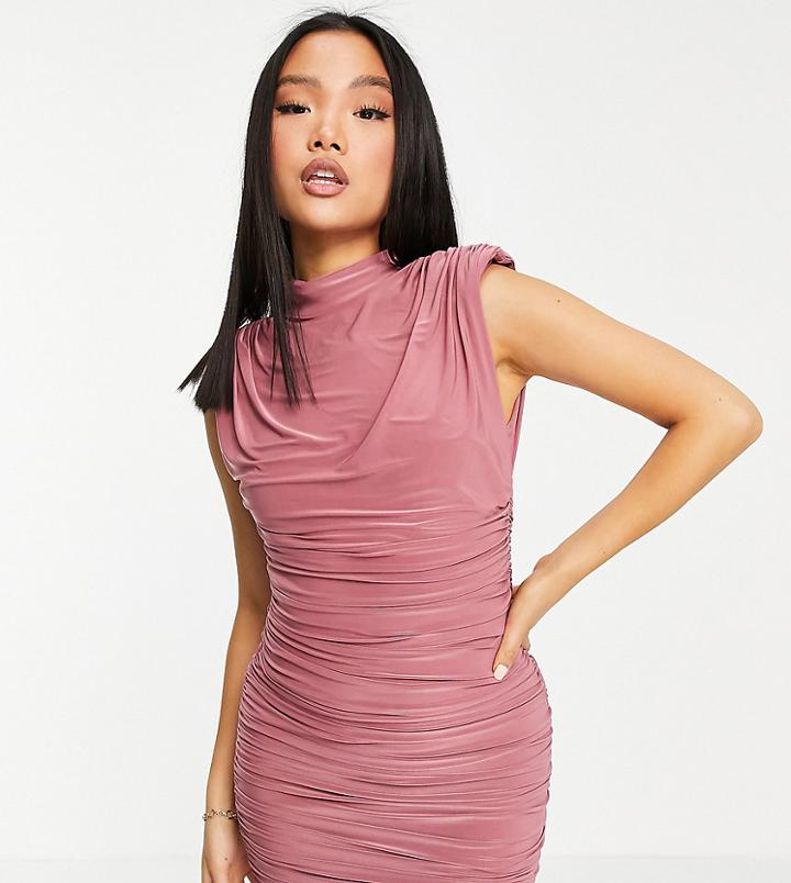Asos Design Petite Padded Shoulder Mini Dress In Dusky Pink-brown