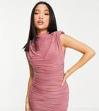 Asos Design Petite Padded Shoulder Mini Dress In Dusky Pink-brown