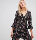 Influence Tall Floral And Star Print Ruffle Detail Wrap Dress - Black