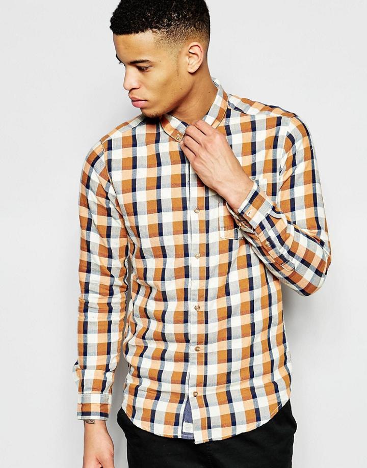 Pull & Bear Checked Shirt In Orange And Navy Regular Fit - Orange