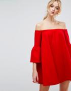 Asos Off Shoulder Dress With Bell Sleeve - Red