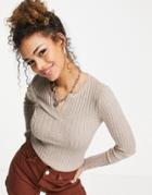 Pieces Ribbed Long Sleeve Top With Notch Neck In Beige-neutral