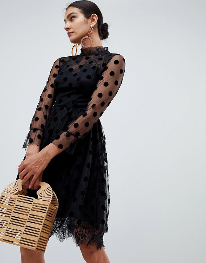Angel Eye Long Sleeve Midi Dress In Mesh Polka Dot - Black