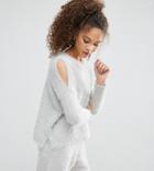 Asos Petite Lounge Sweater With Cold Shoulder In Fluffy Yarn Co-ord - Gray