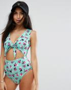Asos Tie Front Cut Out Swimsuit In 80's Print - Multi