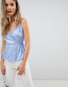 Asos Design Premium Wrap Cami In Jacquard With Lace Detail - Blue