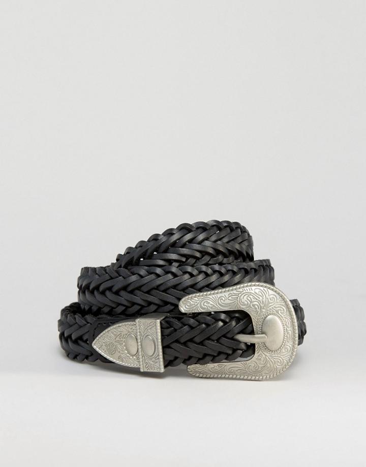 Asos Leather Plaited Western Belt - Black