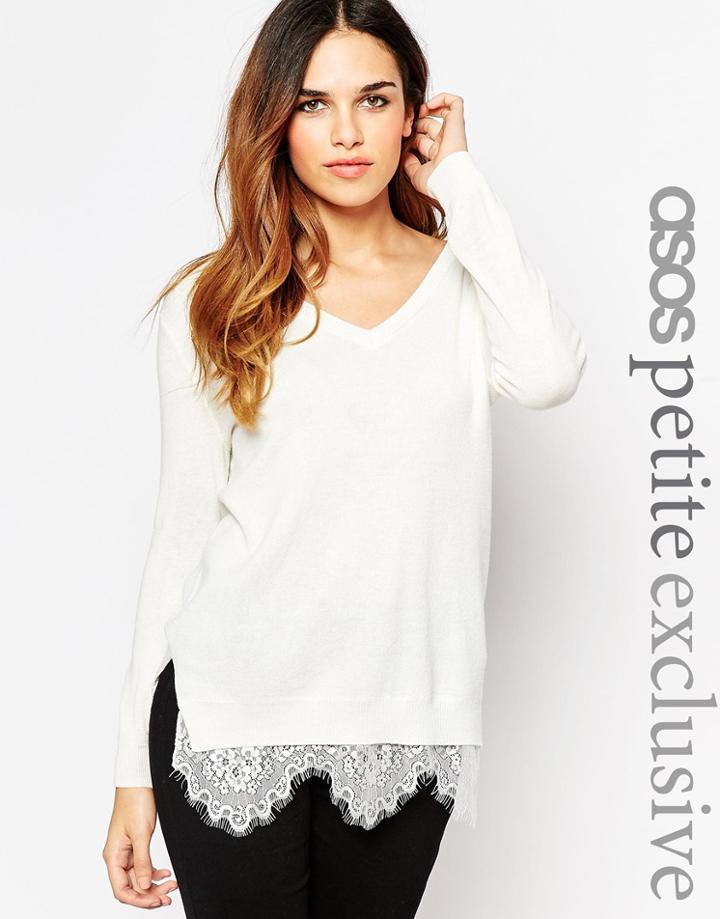 Asos Petite Sweater With V-neck & Lace Hem - Cream