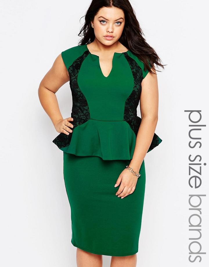 Goddiva Plus Pencil Dress With Peplum And Lace Insert - Emerald
