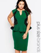 Goddiva Plus Pencil Dress With Peplum And Lace Insert - Emerald