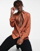 Asos Design Satin Shirt With Volume Blouson Sleeve In Copper Brown