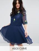 Asos Curve Embroidered Mini Pleat And Lace Dress - Navy