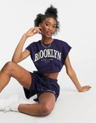 Bershka Varsity Brooklyn Cropped T-shirt In Navy - Part Of A Set-blues