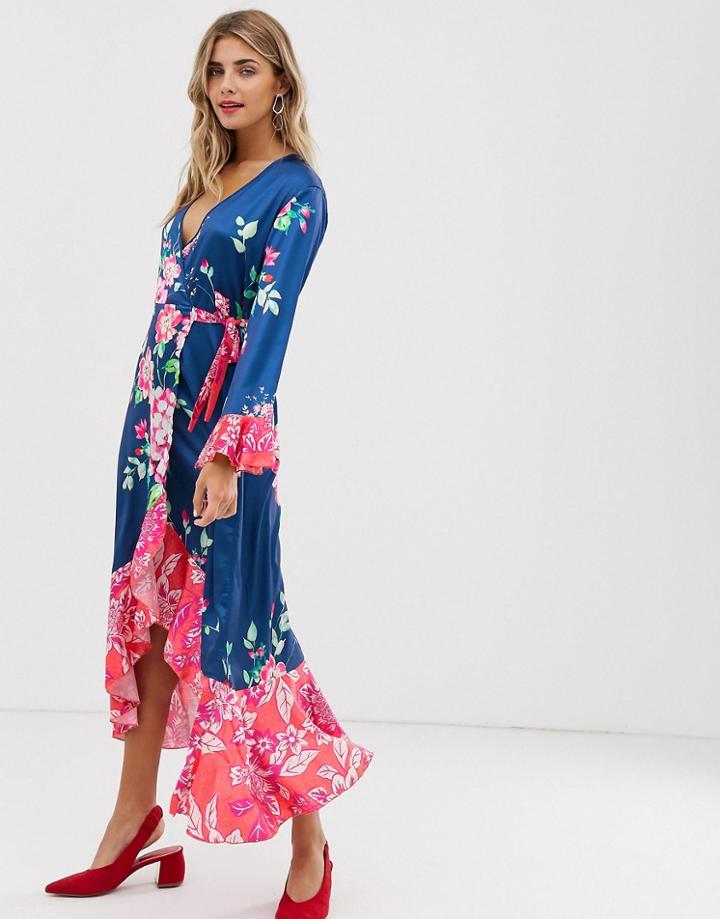 Liquorish Wrap Front Midi Tea Dress In Floral Print-green