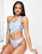 Asos Design Ring Detail Cut Out Swimsuit In Ripple Print-multi