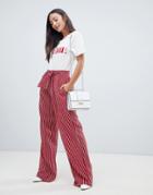 Qed London Wide Leg Stripe Pants With Sash Belt - Red