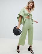 Asos Design Kimono Jumpsuit With Cut Out And Tie Front In Slub Jersey - Green