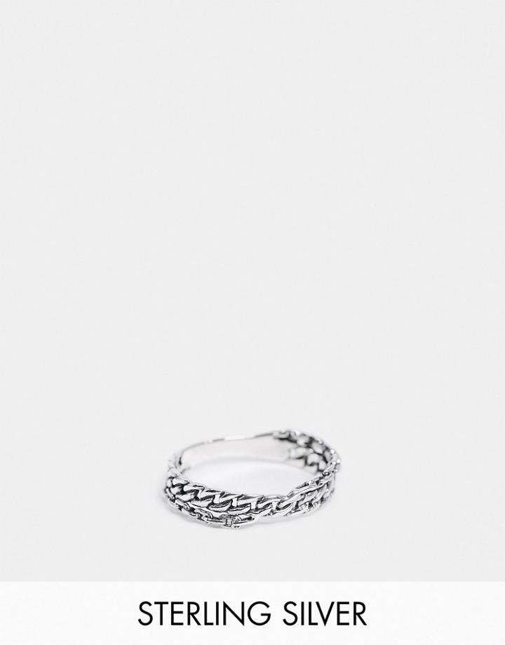 Asos Design Sterling Silver Pinky Ring With Chain Design In Burnished Silver