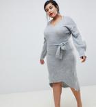 Lost Ink Plus Midi Dress With Tie Waist In Fine Knit - Gray