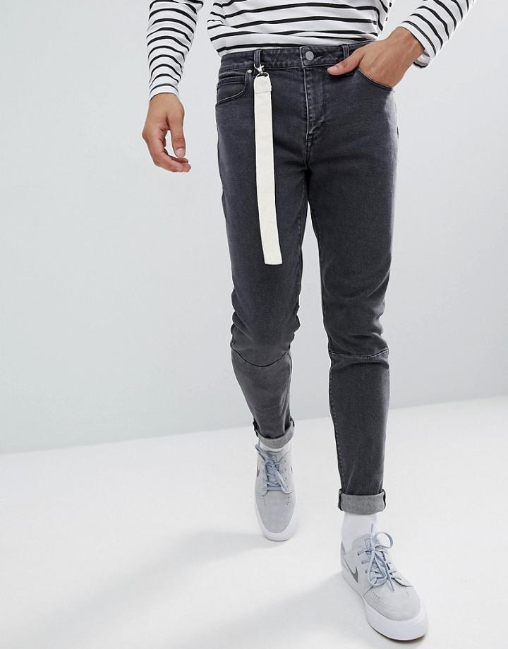 Asos Skinny Jeans In Washed Black With Strap Detail - Black