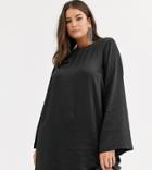 Asos Design Curve Long Sleeve Satin Shift Mini Dress-black