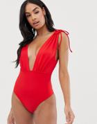 Asos Design Recycled Ruched Shoulder Plunge Swimsuit In Red