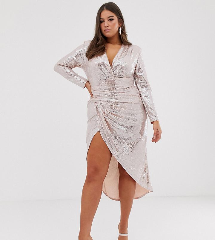 John Zack Plus Wrap Front Sequin Midi Dress In Pink