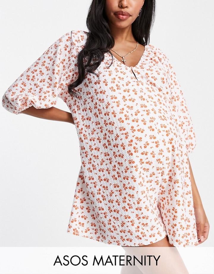 Asos Design Maternity Button Front Smock Romper In Orange Floral-multi