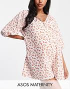 Asos Design Maternity Button Front Smock Romper In Orange Floral-multi