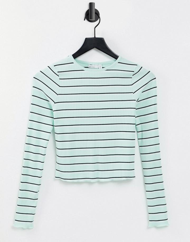 Asos Design Long Sleeve Top In Rib With Mint And Black Stripe-multi