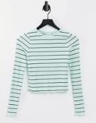 Asos Design Long Sleeve Top In Rib With Mint And Black Stripe-multi