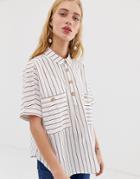 Monki Stripe Oversized Blouse With Pockets In Rust And White - White