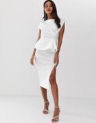 Asos Design Peplum Pencil Midi Dress With Tuck Detail - White