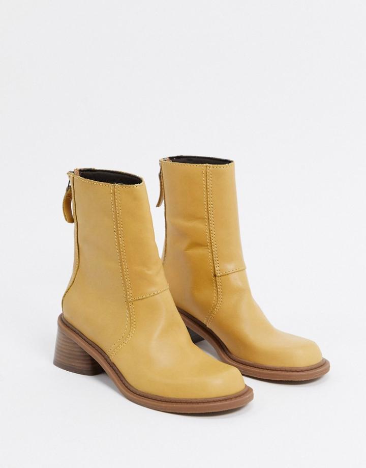Asos Design Asta Premium Leather Trucker Boots In Sand-neutral