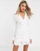 In The Style White Plunge Front Ruched Detail Mini Blazer Dress In White