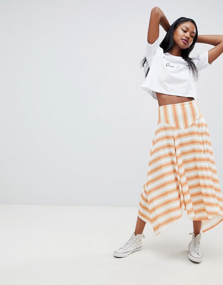 Asos Design Yellow Stripe Hanky Hem Midi Skirt-multi