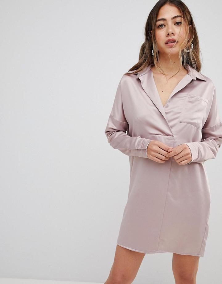 Missguided Satin Shirt Dress - Pink