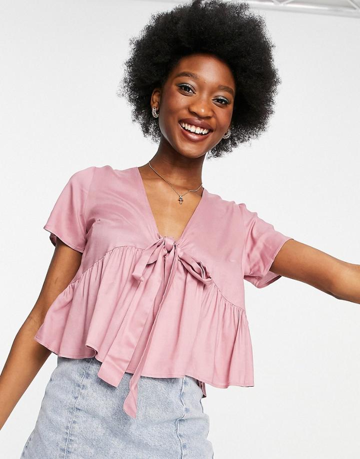 Asos Design Short Sleeve Tie Front Tea Blouse In Dusty Pink