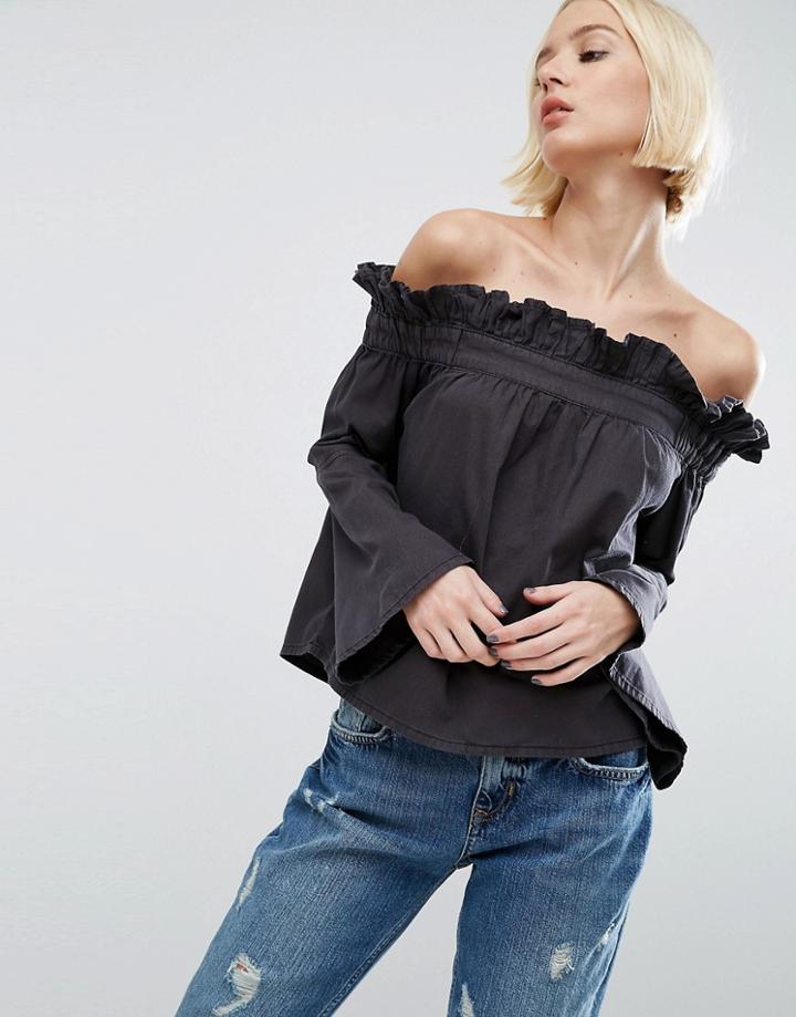 Asos Denim Off Shoulder Top With Flared Sleeves In Black - Black