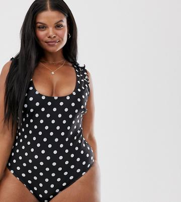 Peek & Beau Curve Exclusive Eco Ruffle Swimsuit In Polka Dot - Navy