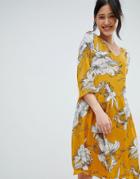 Ichi Printed V Neck Dress - Yellow